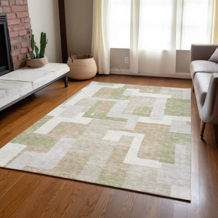 10' X 14' Beige Ivory And Sage Geometric Washable Indoor Outdoor Area Rug