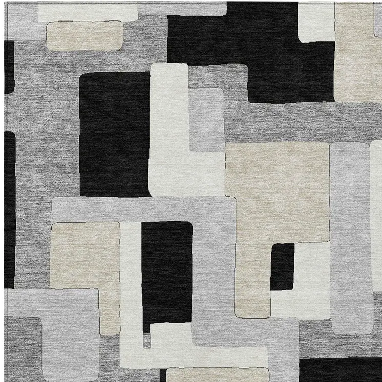 3' X 5' Black Ivory And Beige Geometric Washable Indoor Outdoor Area Rug