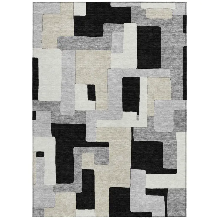 5' X 8' Black Ivory And Beige Geometric Washable Indoor Outdoor Area Rug