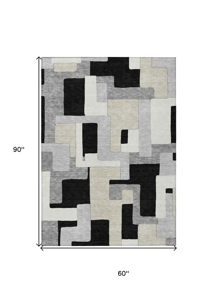 5' X 8' Black Ivory And Beige Geometric Washable Indoor Outdoor Area Rug