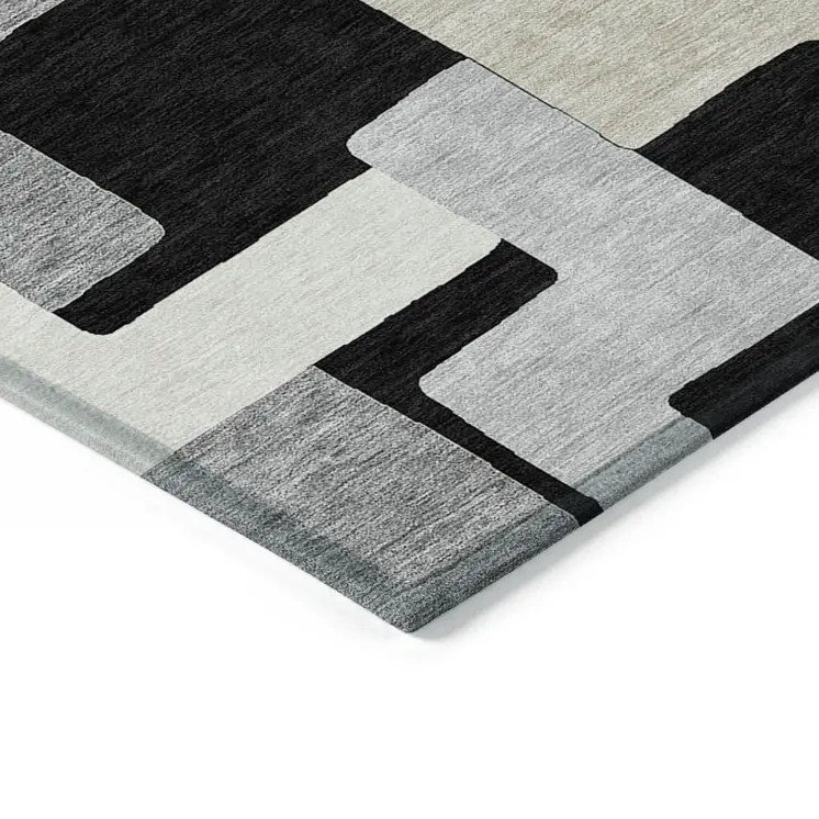 5' X 8' Black Ivory And Beige Geometric Washable Indoor Outdoor Area Rug
