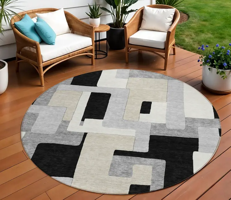 8' Black Ivory And Beige Round Geometric Washable Indoor Outdoor Area Rug