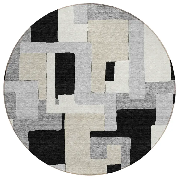 8' Black Ivory And Beige Round Geometric Washable Indoor Outdoor Area Rug