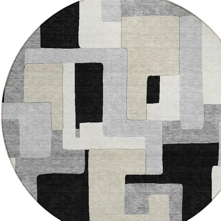 8' Black Ivory And Beige Round Geometric Washable Indoor Outdoor Area Rug