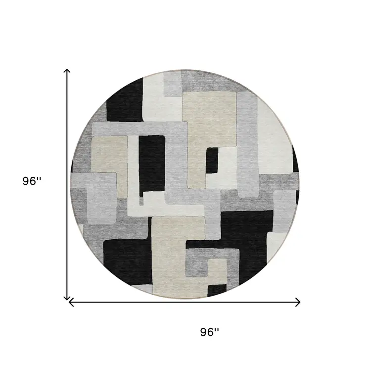 8' Black Ivory And Beige Round Geometric Washable Indoor Outdoor Area Rug