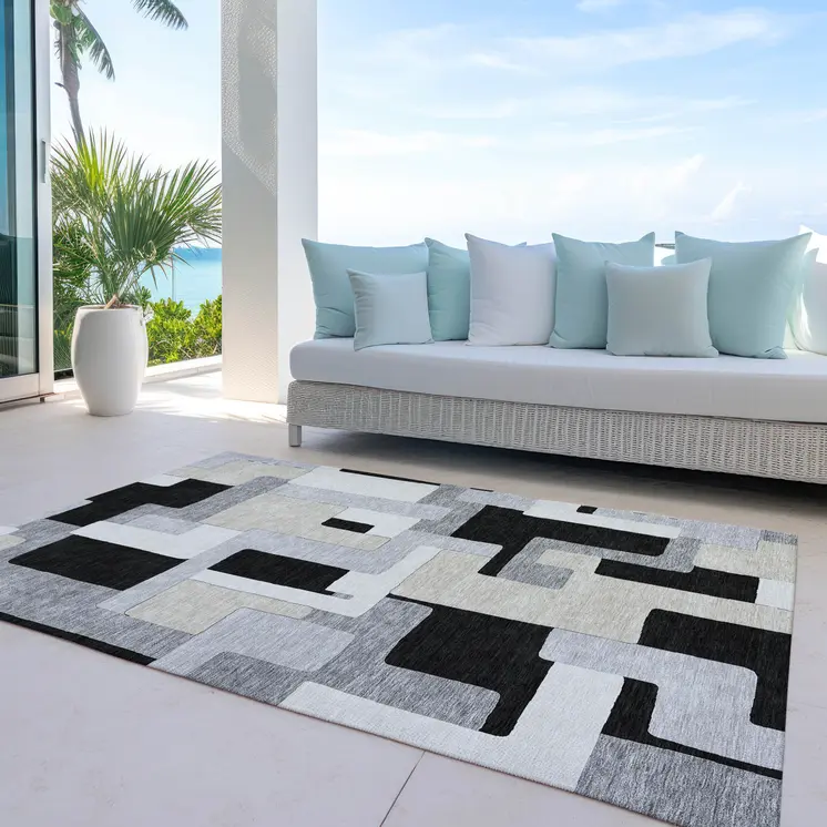 8' X 10' Black Ivory And Beige Geometric Washable Indoor Outdoor Area Rug