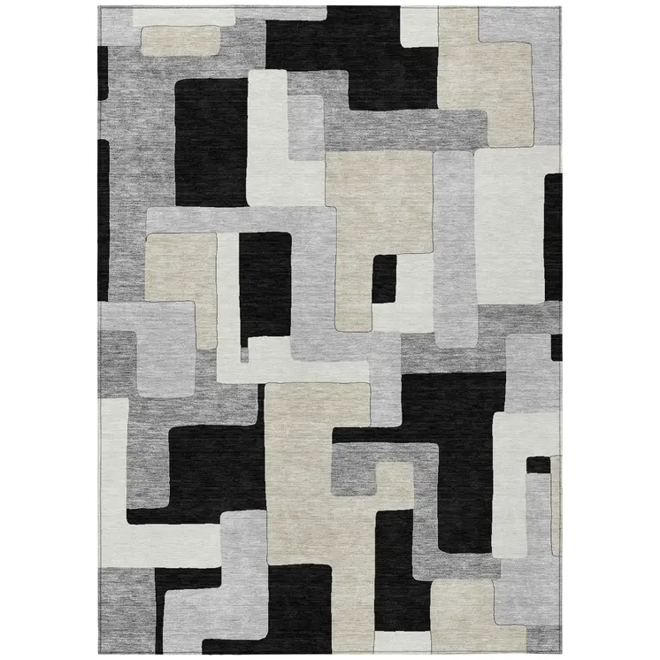 8' X 10' Black Ivory And Beige Geometric Washable Indoor Outdoor Area Rug