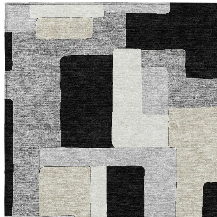 10' X 14' Black Ivory And Beige Geometric Washable Indoor Outdoor Area Rug