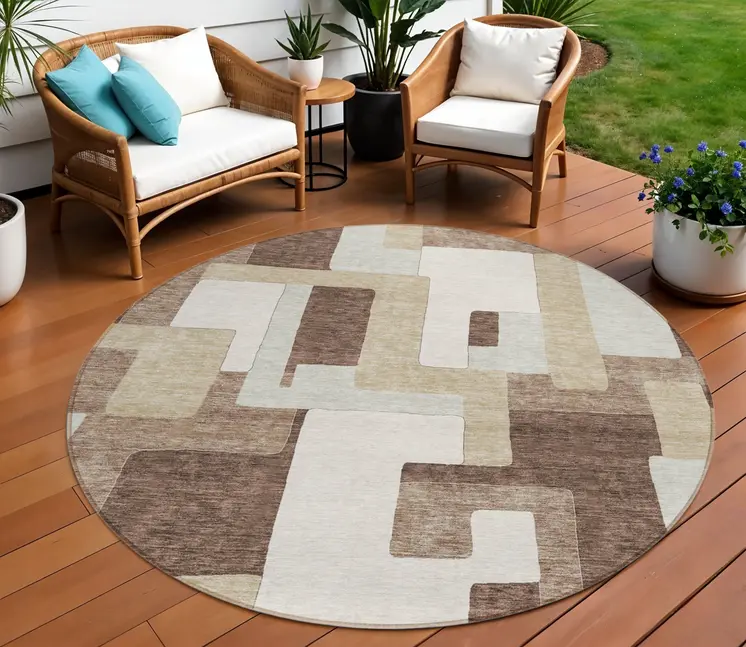 8' Brown Ivory And Taupe Round Geometric Washable Indoor Outdoor Area Rug