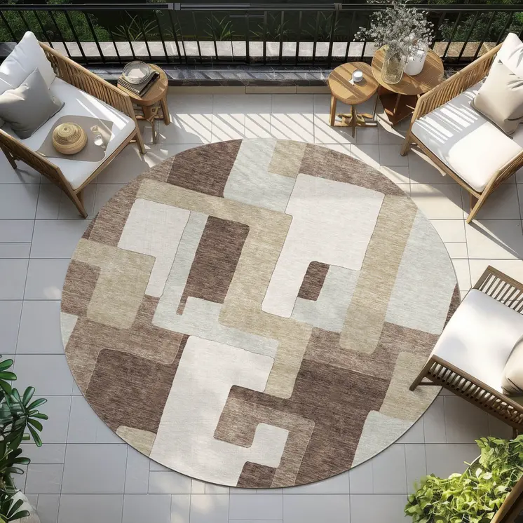 8' Brown Ivory And Taupe Round Geometric Washable Indoor Outdoor Area Rug