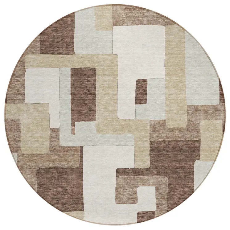 8' Brown Ivory And Taupe Round Geometric Washable Indoor Outdoor Area Rug