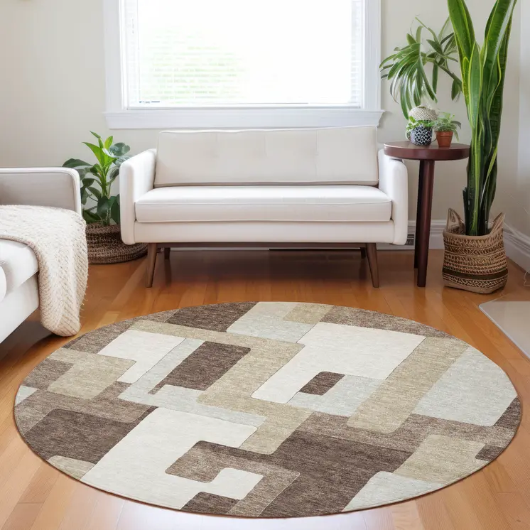 8' Brown Ivory And Taupe Round Geometric Washable Indoor Outdoor Area Rug