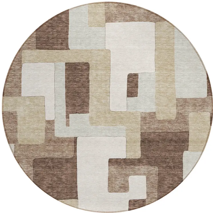 8' Brown Ivory And Taupe Round Geometric Washable Indoor Outdoor Area Rug