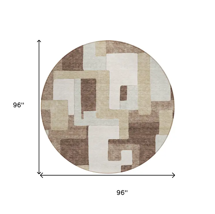 8' Brown Ivory And Taupe Round Geometric Washable Indoor Outdoor Area Rug
