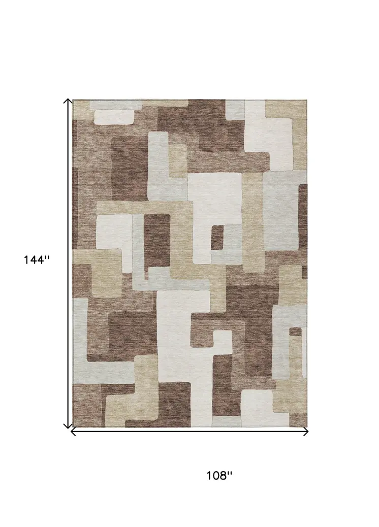 9' X 12' Brown Ivory And Taupe Geometric Washable Indoor Outdoor Area Rug