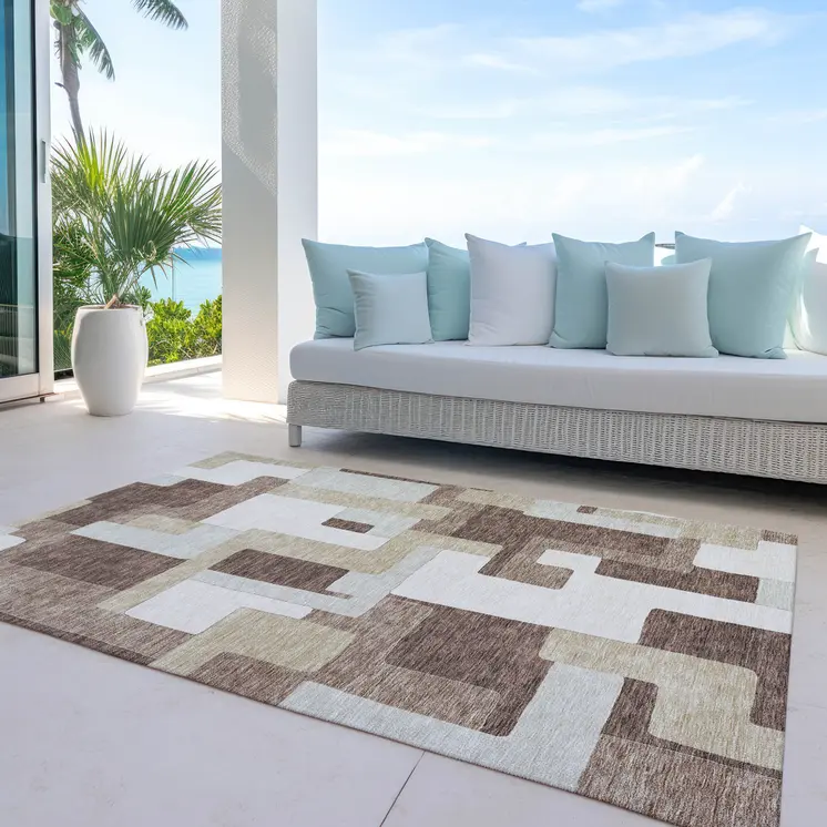 9' X 12' Brown Ivory And Taupe Geometric Washable Indoor Outdoor Area Rug