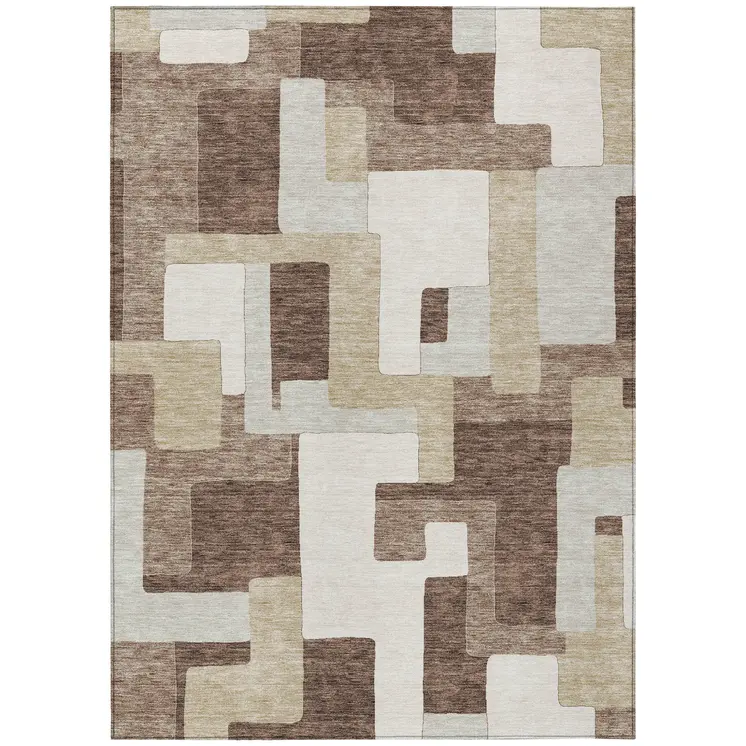 9' X 12' Brown Ivory And Taupe Geometric Washable Indoor Outdoor Area Rug