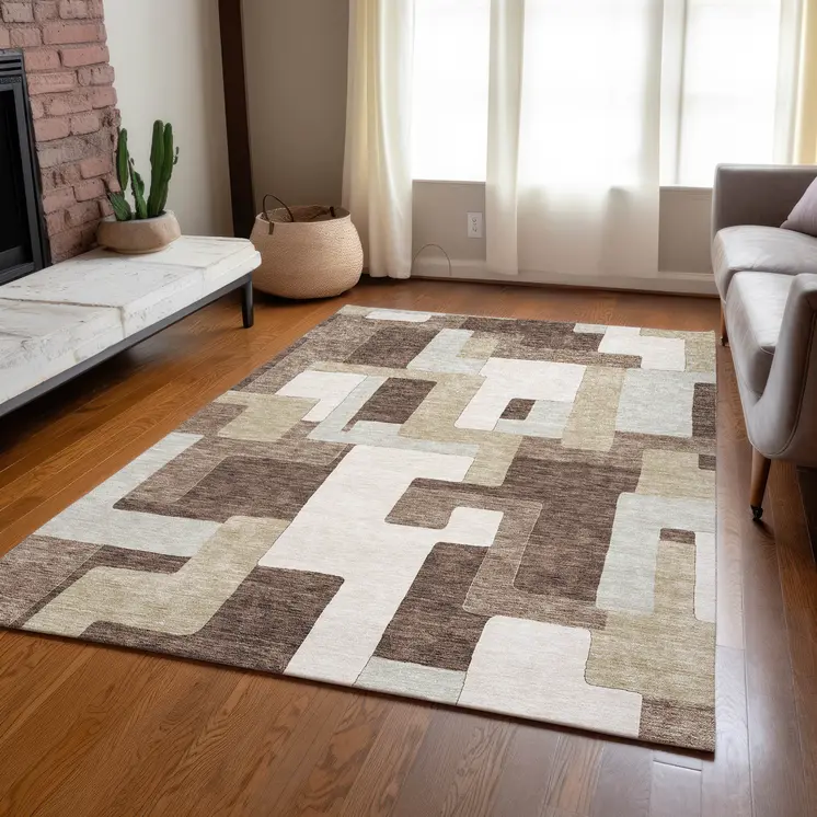 9' X 12' Brown Ivory And Taupe Geometric Washable Indoor Outdoor Area Rug