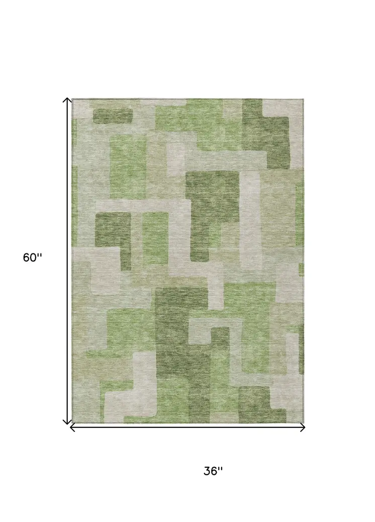 3' X 5' Green Sage And Beige Geometric Washable Indoor Outdoor Area Rug