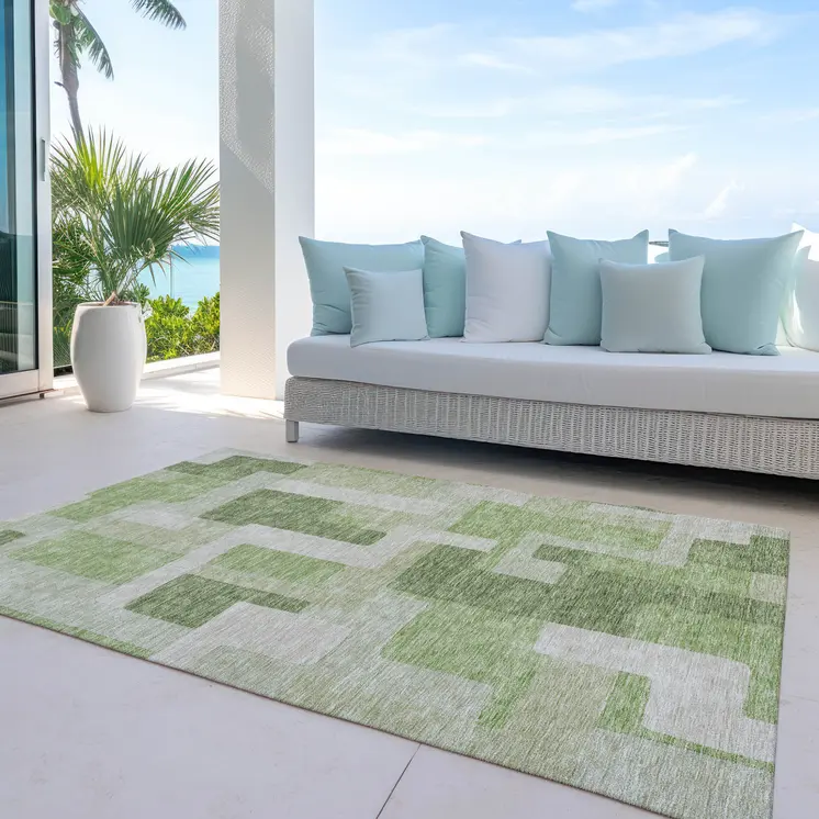 5' X 8' Green Sage And Beige Geometric Washable Indoor Outdoor Area Rug