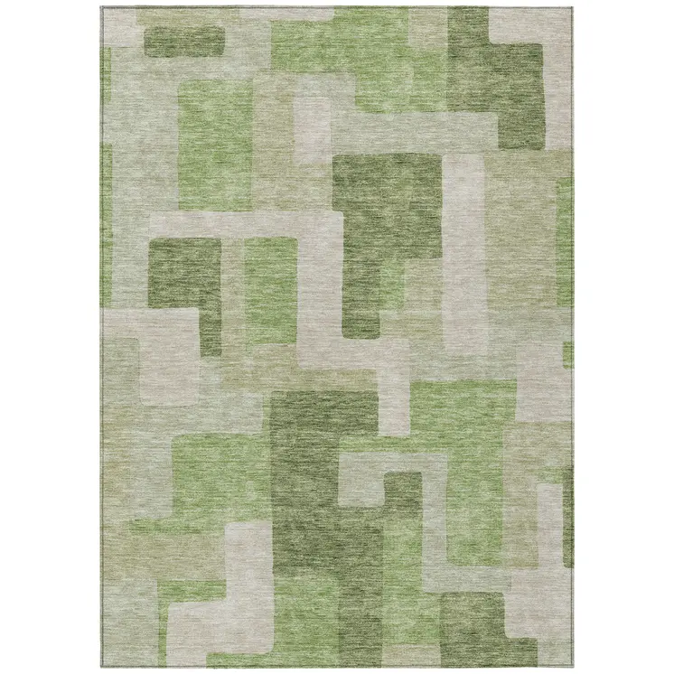 5' X 8' Green Sage And Beige Geometric Washable Indoor Outdoor Area Rug