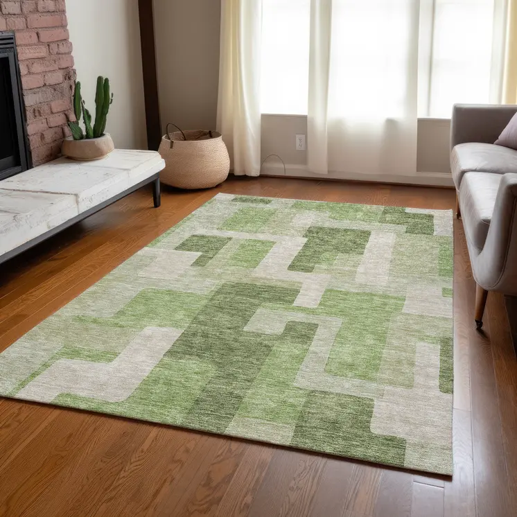 5' X 8' Green Sage And Beige Geometric Washable Indoor Outdoor Area Rug