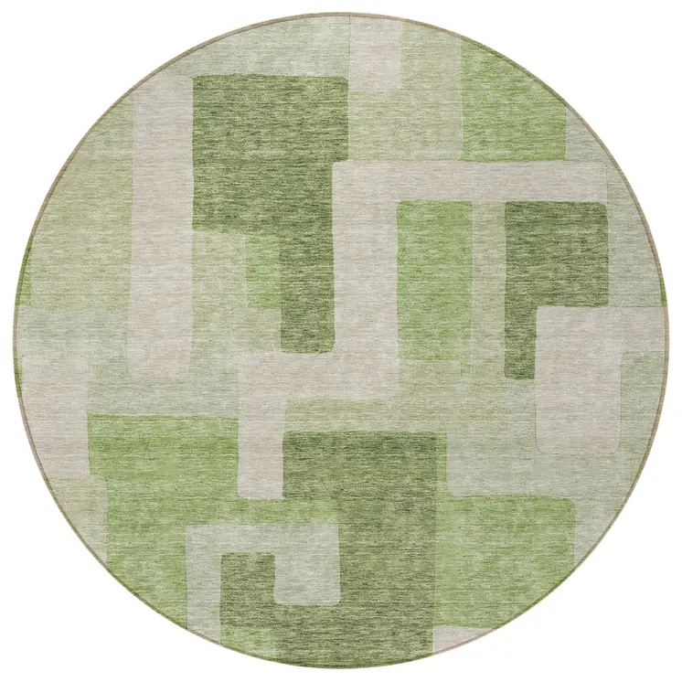 8' Green Sage And Beige Round Geometric Washable Indoor Outdoor Area Rug