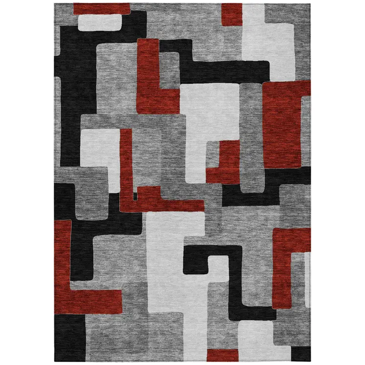 5' X 8' Gray Ivory And Red Geometric Washable Indoor Outdoor Area Rug