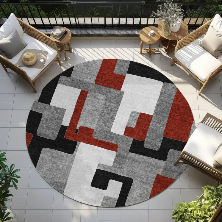 8' Gray Ivory And Red Round Geometric Washable Indoor Outdoor Area Rug