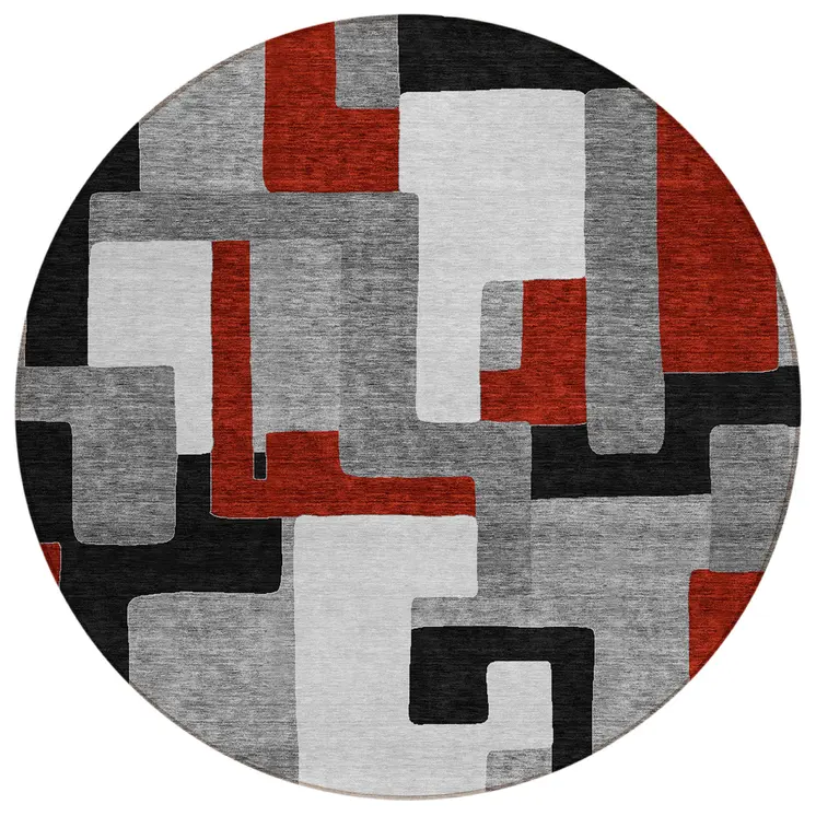 8' Gray Ivory And Red Round Geometric Washable Indoor Outdoor Area Rug