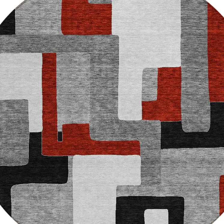 8' Gray Ivory And Red Round Geometric Washable Indoor Outdoor Area Rug