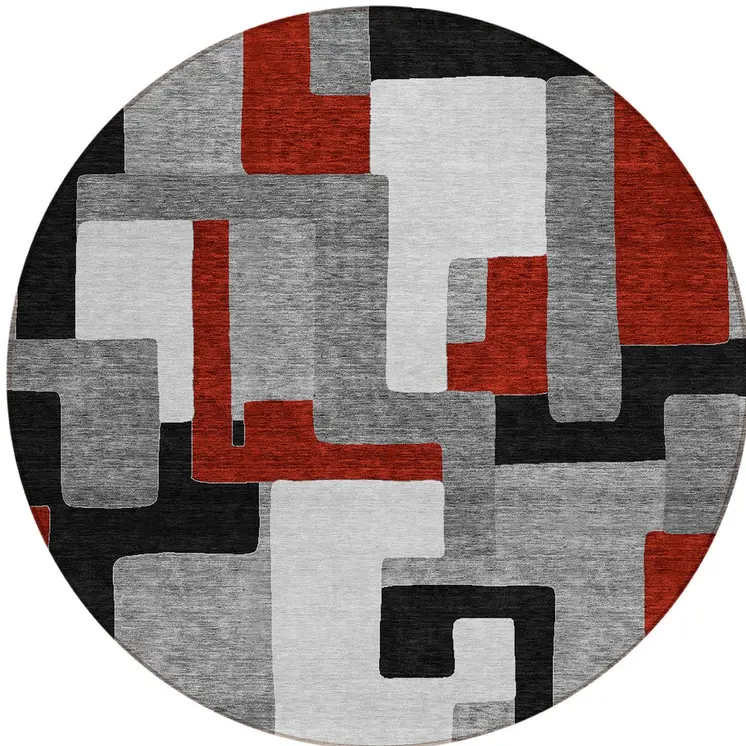 8' Gray Ivory And Red Round Geometric Washable Indoor Outdoor Area Rug