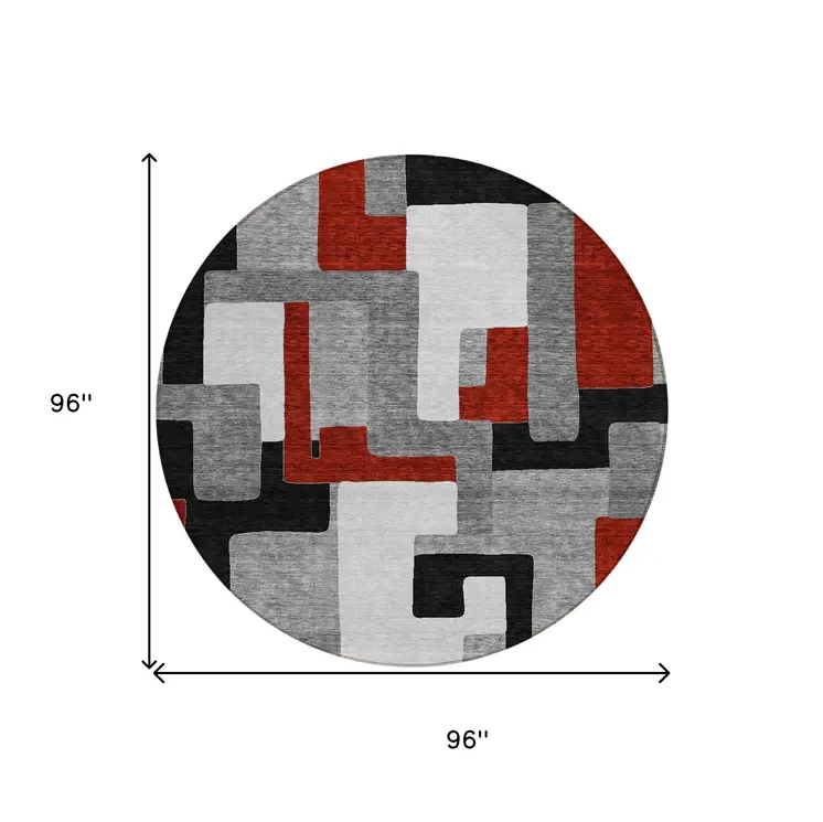8' Gray Ivory And Red Round Geometric Washable Indoor Outdoor Area Rug