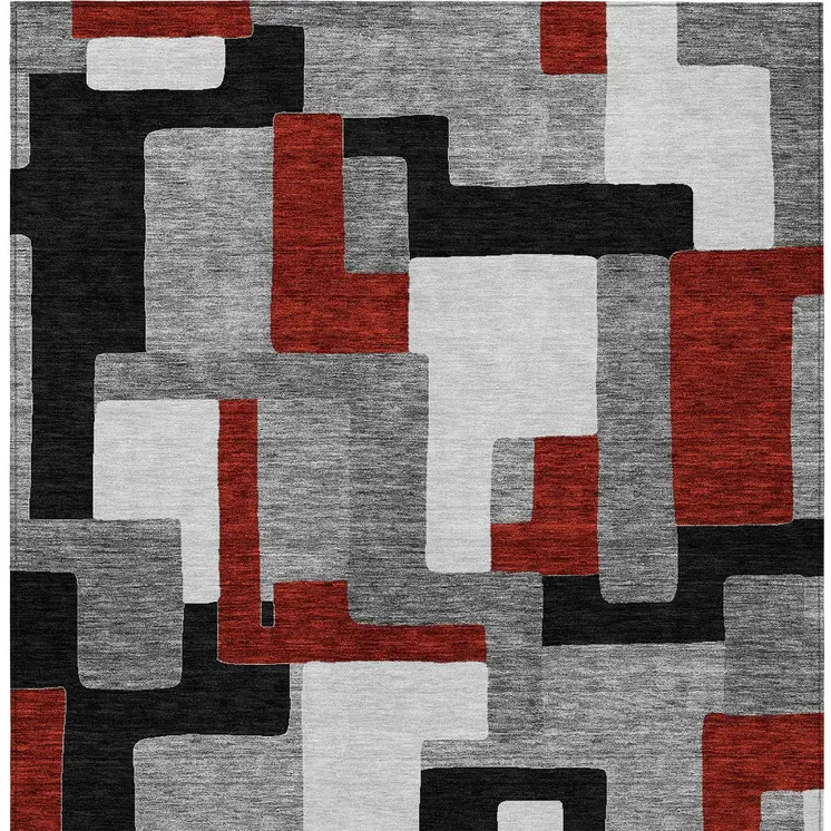 9' X 12' Gray Ivory And Red Geometric Washable Indoor Outdoor Area Rug