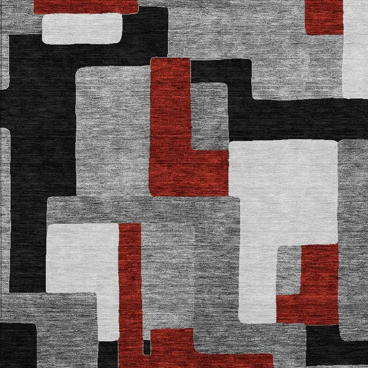 9' X 12' Gray Ivory And Red Geometric Washable Indoor Outdoor Area Rug