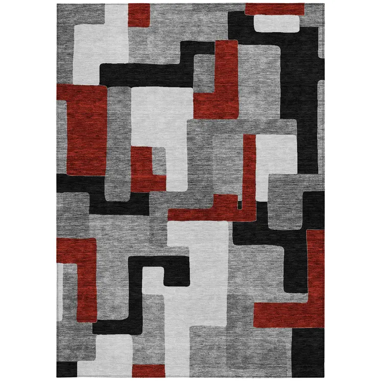 10' X 14' Gray Ivory And Red Geometric Washable Indoor Outdoor Area Rug