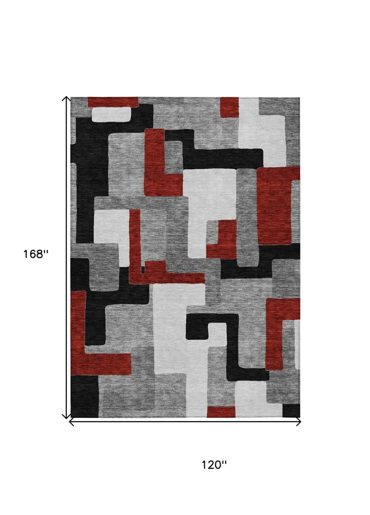 10' X 14' Gray Ivory And Red Geometric Washable Indoor Outdoor Area Rug