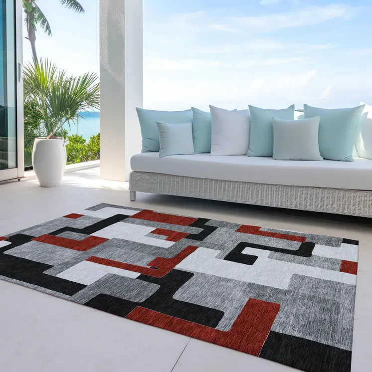 10' X 14' Gray Ivory And Red Geometric Washable Indoor Outdoor Area Rug