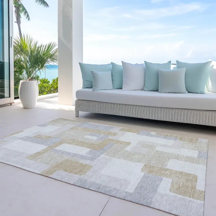 3' X 5' Ivory Beige And Gray Geometric Washable Indoor Outdoor Area Rug