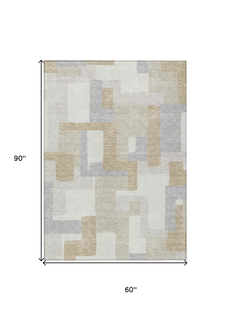 5' X 8' Ivory Beige And Gray Geometric Washable Indoor Outdoor Area Rug