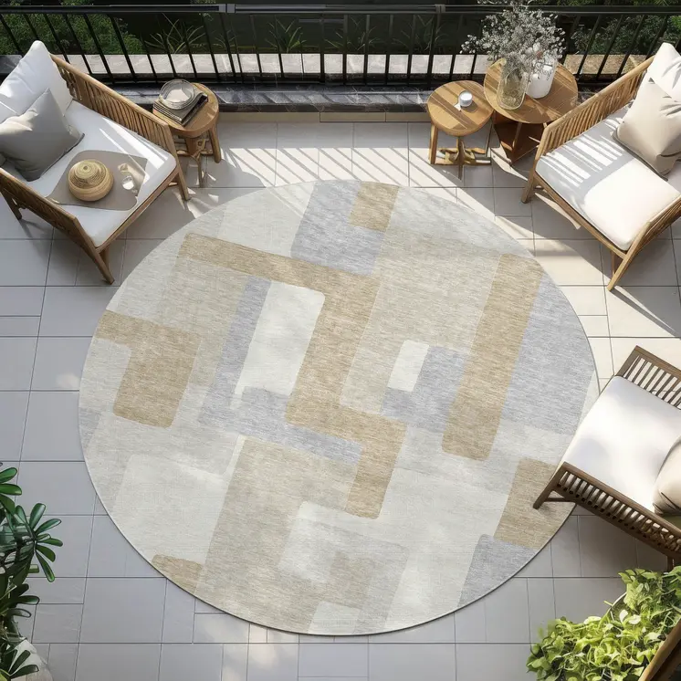 8' Ivory Beige And Gray Round Geometric Washable Indoor Outdoor Area Rug
