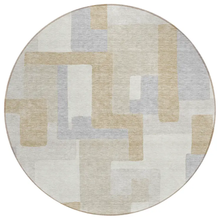 8' Ivory Beige And Gray Round Geometric Washable Indoor Outdoor Area Rug