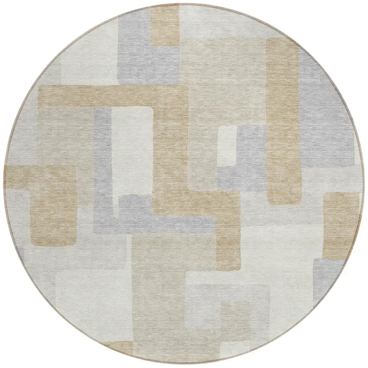 8' Ivory Beige And Gray Round Geometric Washable Indoor Outdoor Area Rug