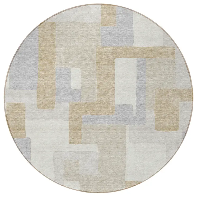 8' Ivory Beige And Gray Round Geometric Washable Indoor Outdoor Area Rug