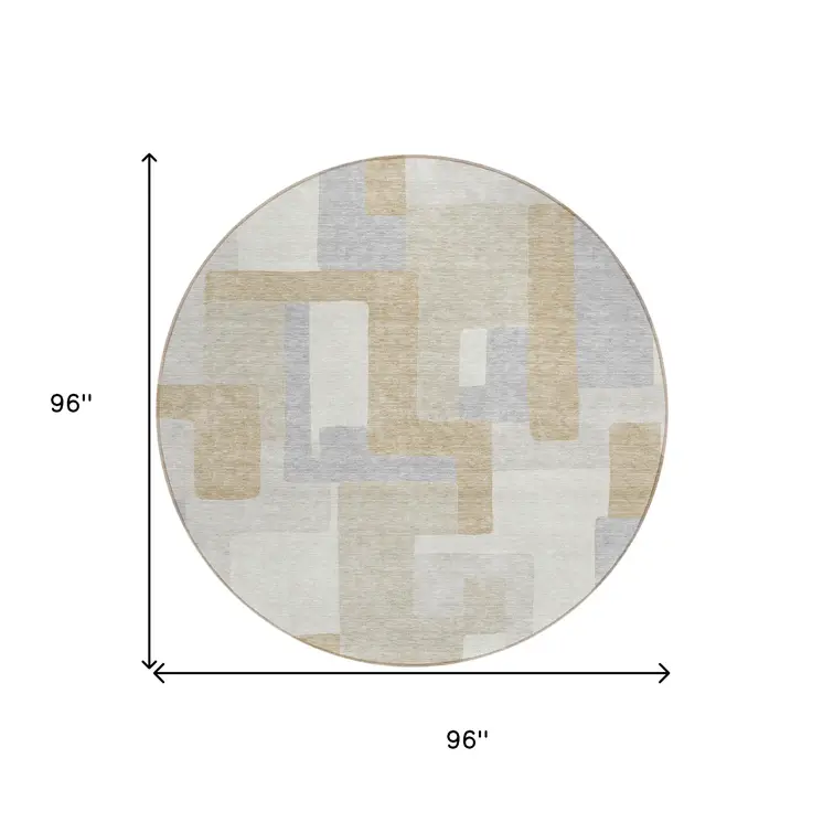 8' Ivory Beige And Gray Round Geometric Washable Indoor Outdoor Area Rug