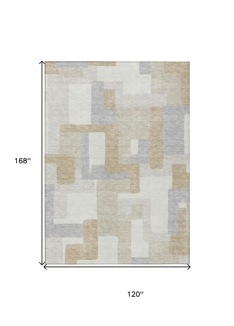 10' X 14' Ivory Beige And Gray Geometric Washable Indoor Outdoor Area Rug