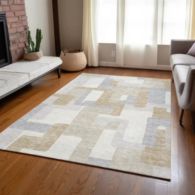 10' X 14' Ivory Beige And Gray Geometric Washable Indoor Outdoor Area Rug