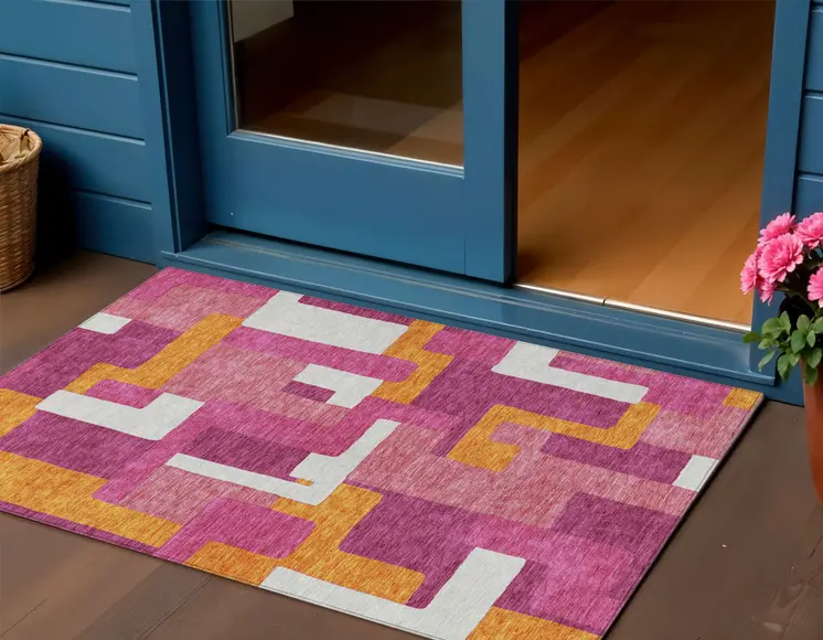 3' X 5' Pink Ivory And Orange Geometric Washable Indoor Outdoor Area Rug