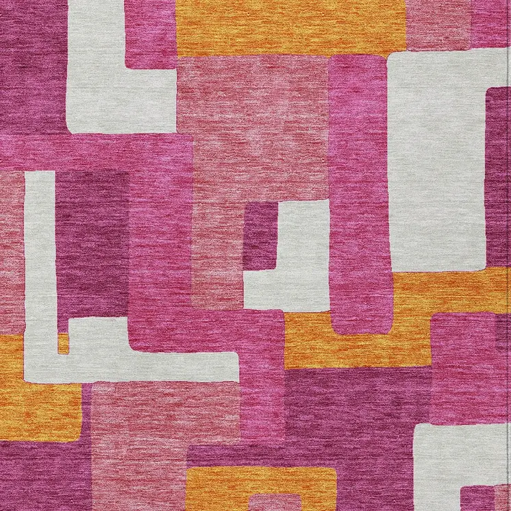 3' X 5' Pink Ivory And Orange Geometric Washable Indoor Outdoor Area Rug