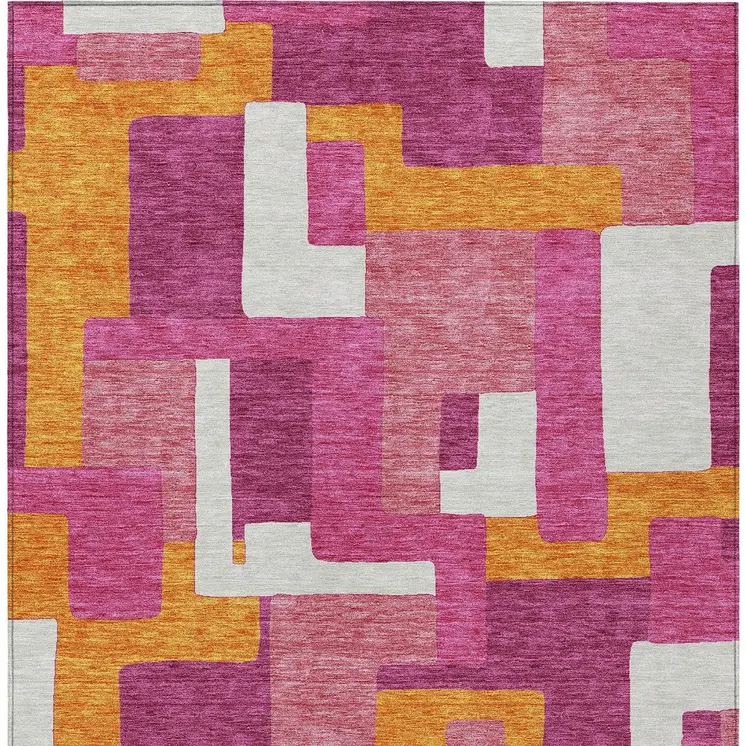 5' X 8' Pink Ivory And Orange Geometric Washable Indoor Outdoor Area Rug